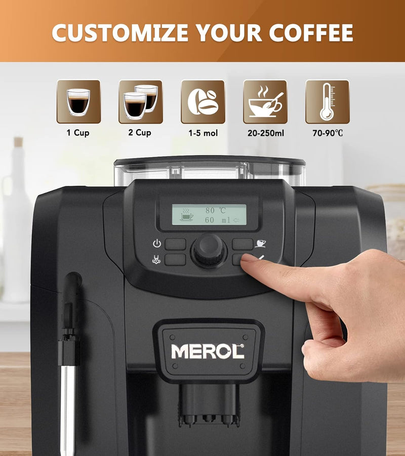 MEROL Automatic Espresso Coffee Machine, 19 Bar Barista Pump Coffee Maker with Grinder and Manual Milk Frother Steam Wand for Cappuccino Latte Macchiato, Black, Christmas Gift