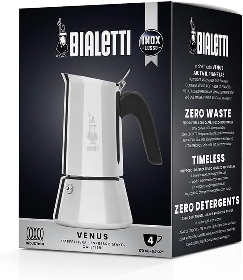 Bialetti - New Venus Induction, Stovetop Coffee Maker, Suitable for all Types of Hobs, Stainless Steel, 4 Cups (5.7 Oz), Silver