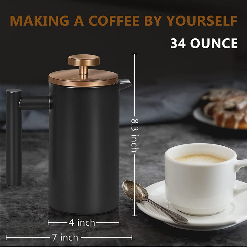 WORBIC French Press Coffee Maker, French Press Stainless Steel Double-Wall Insulated, 3 Level Filtration System with 3 Extra, French Press Coffee Maker 34oz for Home and Office, Black