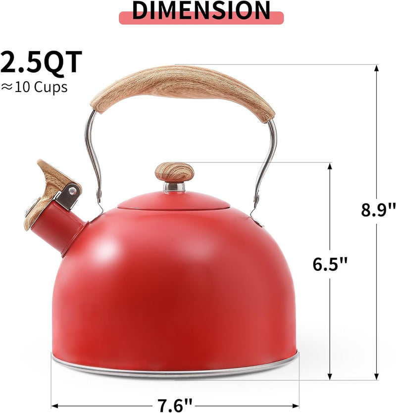 LONFFERY Tea Kettle, 2.5 Quart Whistling Tea Kettle, Tea Pots for Stove Top Food Grade Stainless Steel with Wood Pattern Folding Handle - Red