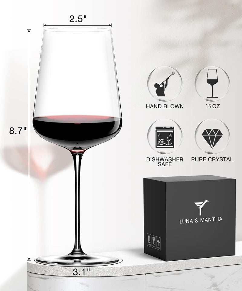 LUNA & MANTHA Wine Glasses Set of 4, 15 oz Hand Blown Crystal Red Wine Glasses, White Modern Wine Glasses with Stem, Ideal Gift for Martini Set, Toasting at Weddings, Anniversaries, or Birthdays