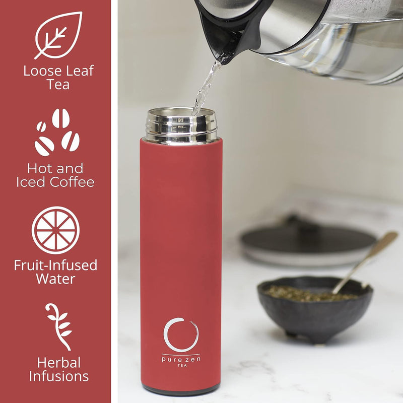 Pure Zen Insulated Tea Thermos with Infuser - for Tea, Coffee and Fruit-Infused Water - Portable Travel Tea Mug with Infuser and Lid - Unique Gifts for Women - 15oz Tea Bottle Red