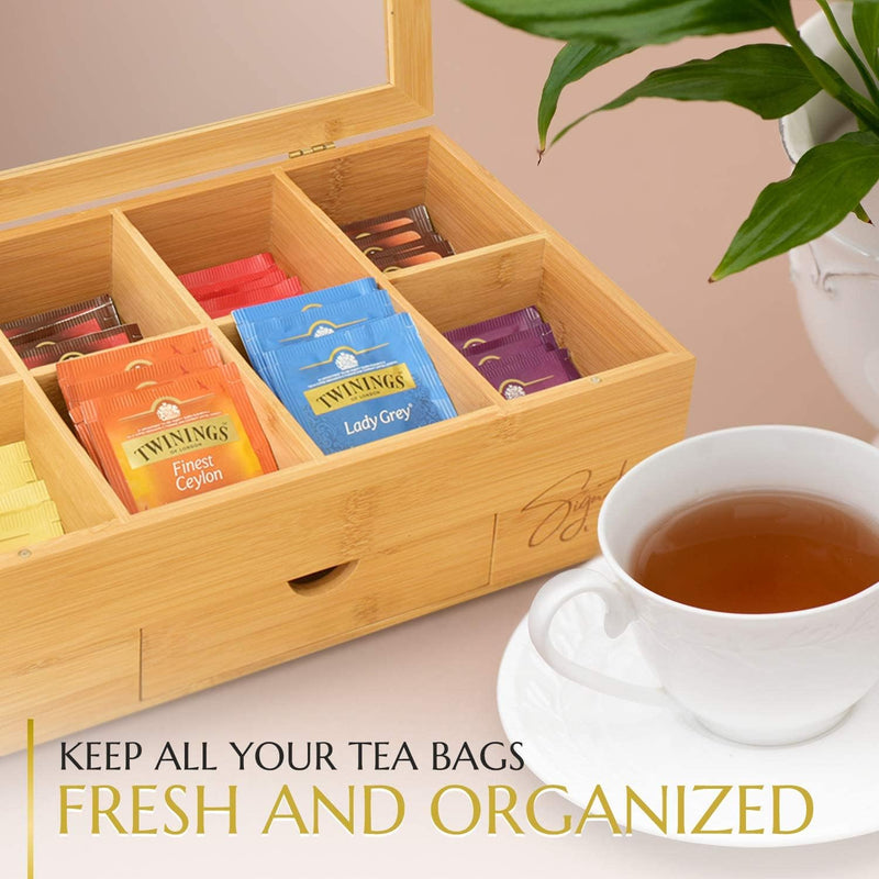 Signature Living Bamboo Wooden Tea Box Storage Organizer with Drawer (8 Compartments) Large Tea Organizer Box for Tea Bags and Loose Tea - Sturdy, Natural Bamboo