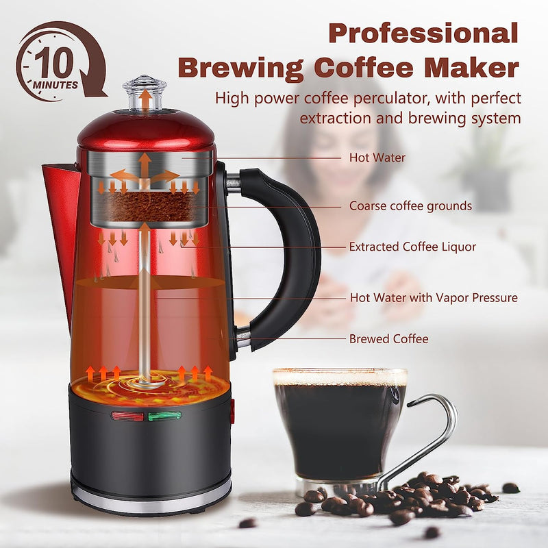WerkWeit Electric Coffee Percolator 12 Cup Stainless Steel Percolator Coffee Maker with Cord-Less Server and Easy Pour Spout Quick Brew Percolator Coffee Pot 1.5L Capacity