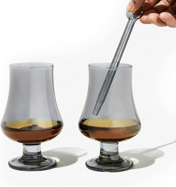 Amehla Handblown Whiskey Tasting Set of 2, 5-ounce Whisky Glasses with Water Dropper Pipette - Snifter for Sipping Bourbon Copita Scotch Glass Set for Nosing and Drinking Spirits