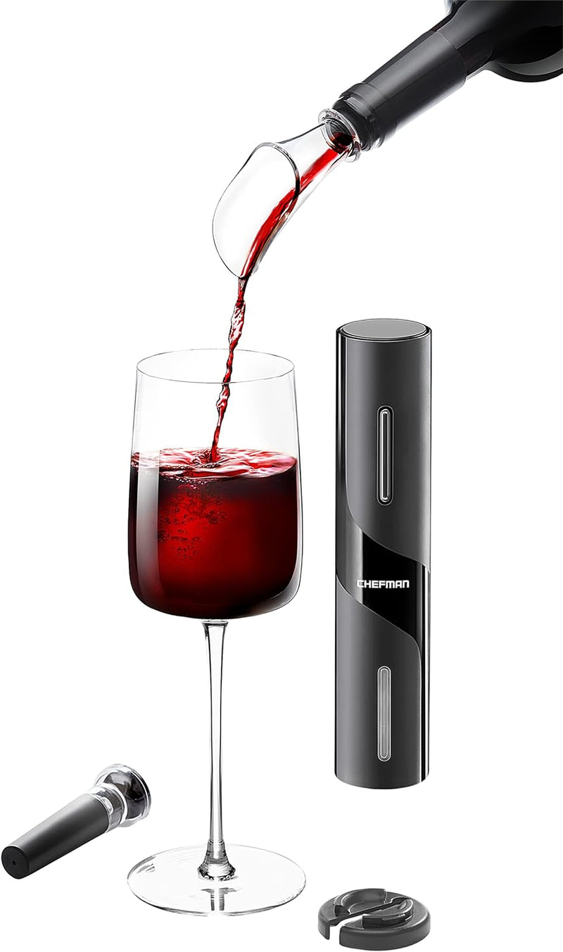 Chefman Electric Wine Opener Makes Opening Bottles Fast, Foolproof, And Fun! Black, Battery-Operated 4-Piece Corkscrew Set Comes With A Foil Cutter, Pourer, And Vacuum Stopper