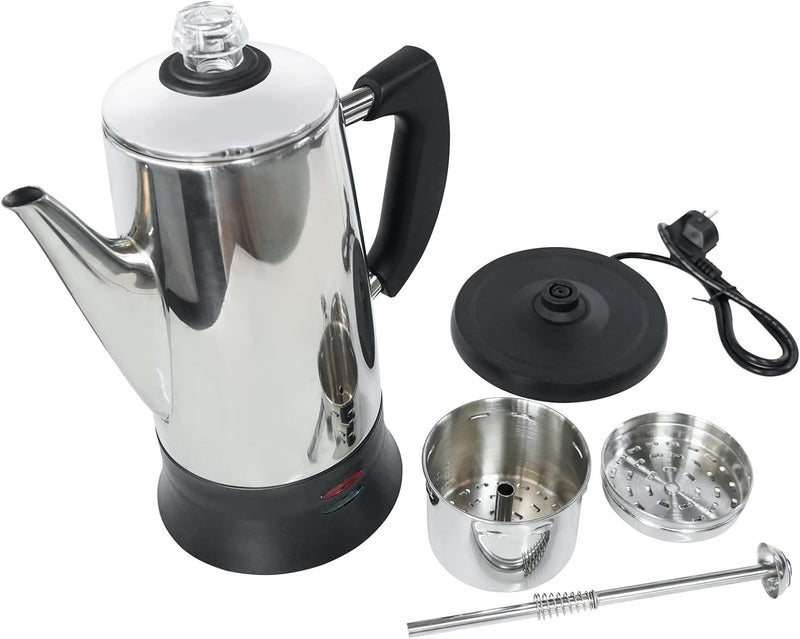 SOTECH Electric Coffee Percolator Stainless Steel Coffee Maker Coffee Pot with Cool-Touch Handle Glass Clear Brew Progress Knob