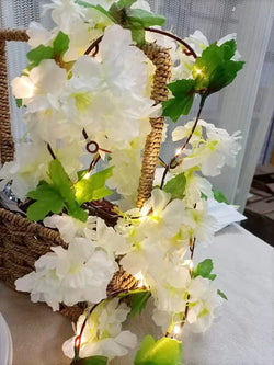 Cherry Blossom Hanging Vines String Lights with Hydrangea Flowers - Battery Powered - Home Garden Wedding Party Decor White 2M20 Led