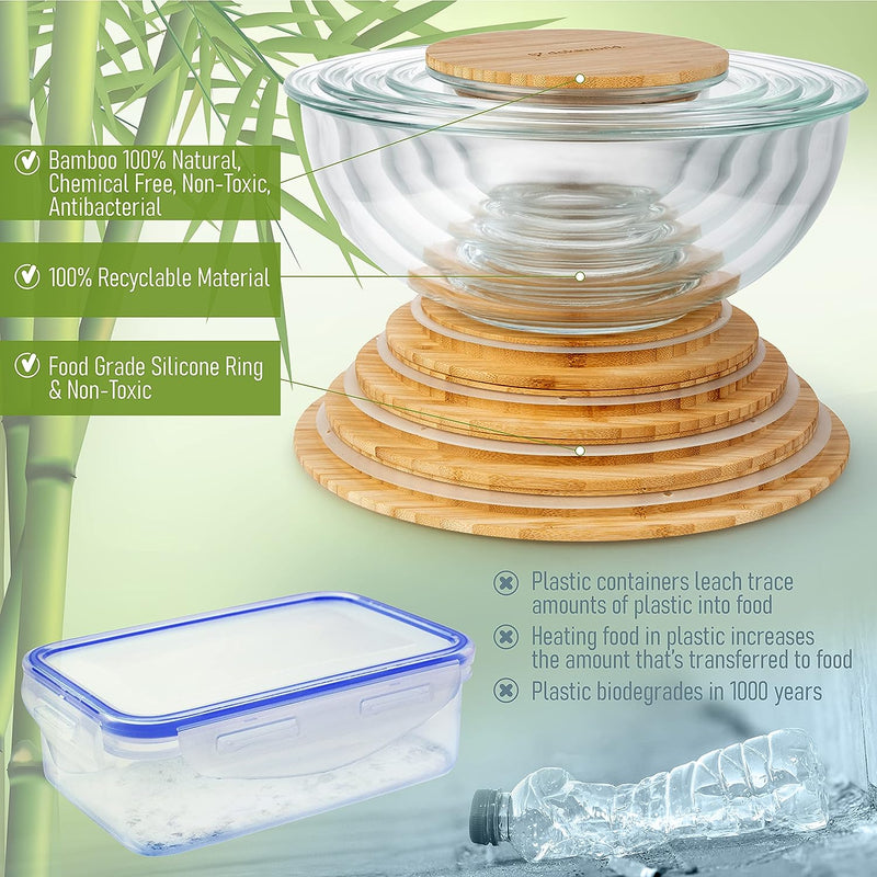 Collapsible Glass Mixing Bowls - 5 Stackable with Lids Microwave Safe Bamboo Salad  Baking Bowls