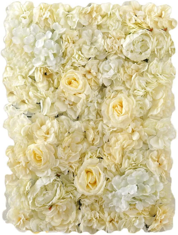 13 Sq Ft. | 4 Panels UV Protected Lifelike Assorted Silk Flower Wall Mats Panel Photo Booth Garden - White | Champagne