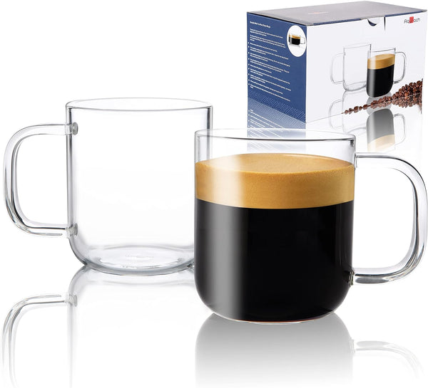 Aquach Glass Mugs 16 oz Set of 2, Large Clear Glass Cup with Handle for Hot/Cold Coffee Tea Beverage, Drinking Glasses