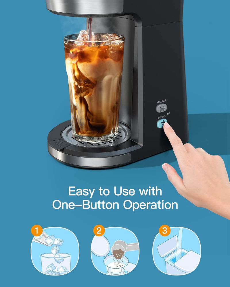 Famiworths Iced Coffee Maker, Hot and Cold Coffee Maker Single Serve for K Cup and Ground, with Descaling Reminder and Self Cleaning, Iced Coffee Machine for Home, Office and RV