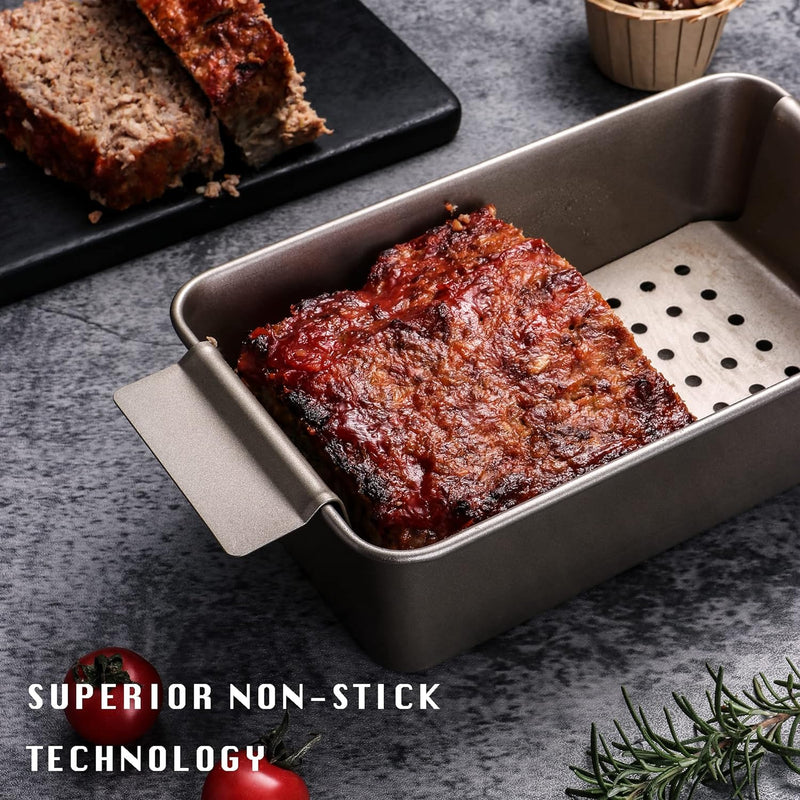 HONGBAKE Nonstick Meatloaf Pan with Drain Tray and Insert 9 x 5 Inches - Grey