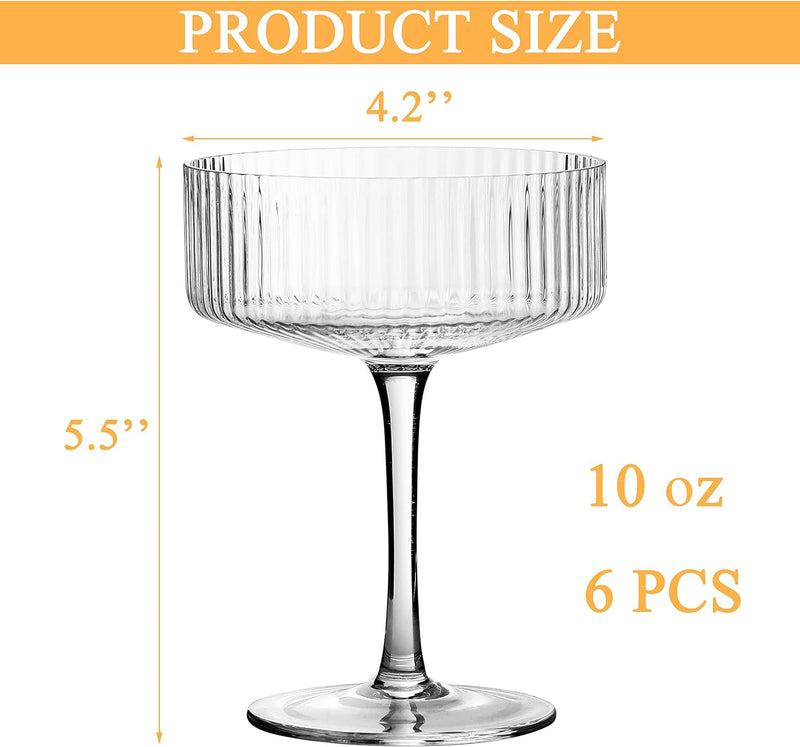 VIFVOR 6 Pcs Ribbed Coupe Cocktail Glasses, 10 oz Classic Margarita Glass Set with Gift Box Packaging Elegant Hand Blown Manhattan Goblet for Cocktail, Champagne, Bar and Gift