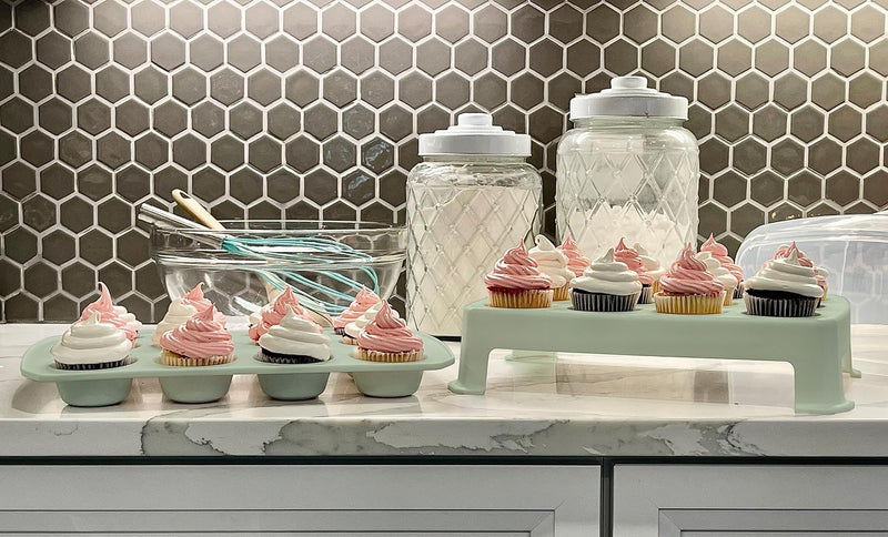 Top Shelf Elements Cupcake Carrier - White 24-Cup Capacity Durable Two Tier Stand with Reusable Box Green