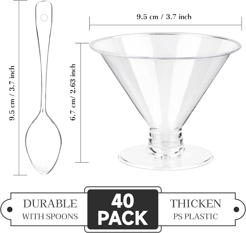 TOFLEN 40 Pack Plastic Martini Glasses 5 Oz Mini Dessert Cups with Spoons Reuasble Cocktail Shooters Clear Short Stem Shot Glasses for Party Wine, Desserts and Appetizers