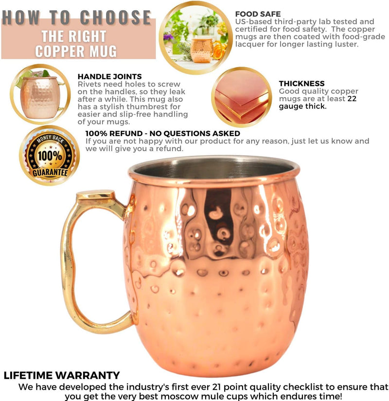 Kitchen Science [Gift Set] Moscow Mule Mugs, Stainless Steel Lined Copper Moscow Mule Cups Set of 2 (18oz) w/Straws & Jigger. | Tarnish-Resistant Stainless Steel Interior (Set of 2)