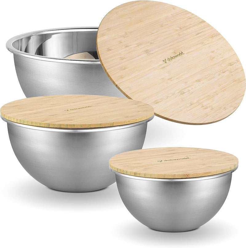 Collapsible Glass Mixing Bowls - 5 Stackable with Lids Microwave Safe Bamboo Salad  Baking Bowls