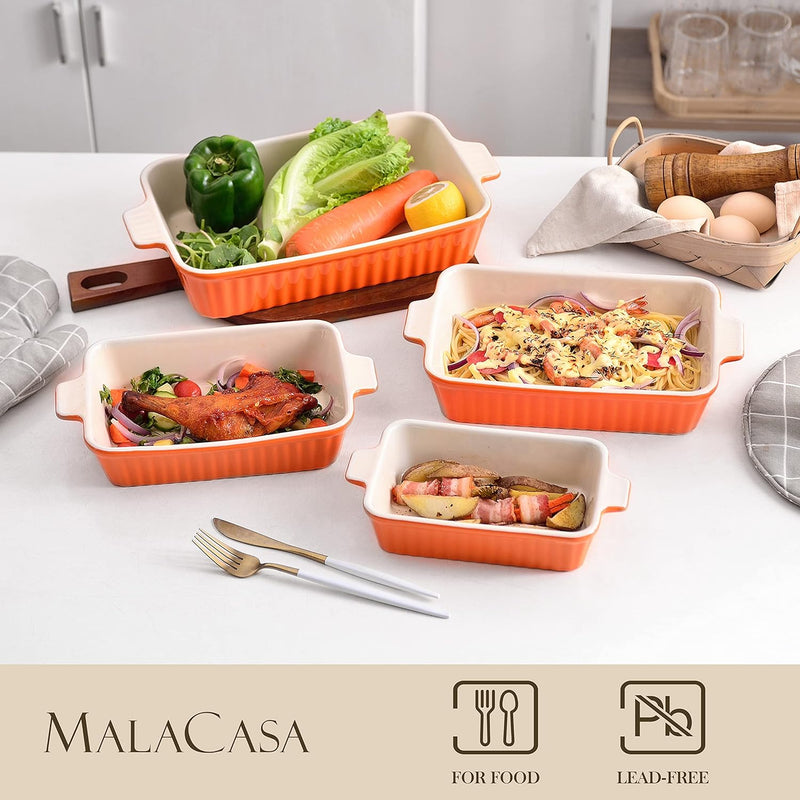 MALACASA Bakeware Set of 4, Porcelain Baking Pans Set for Oven, Casserole Dish, Ceramic Rectangular Baking Dish Lasagna Pans for Cooking Cake Kitchen, Orange(9.4"/11.1"/12.2"/14.7"), Series BAKE.BAKE