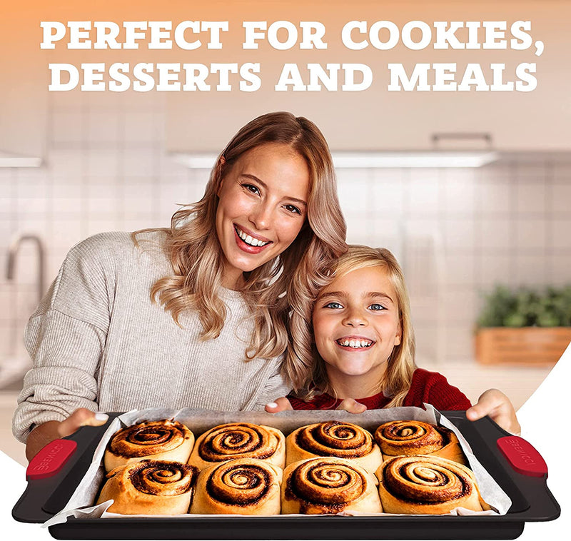 Premium Non-Stick Baking Sheets Set of 3 - Deluxe BPA Free, Easy to Clean Racks w/Silicone Handles - Bakeware Pans for Cooking Baking Roasting - Lets You Bake The Perfect Cookie or Pastry Every Time