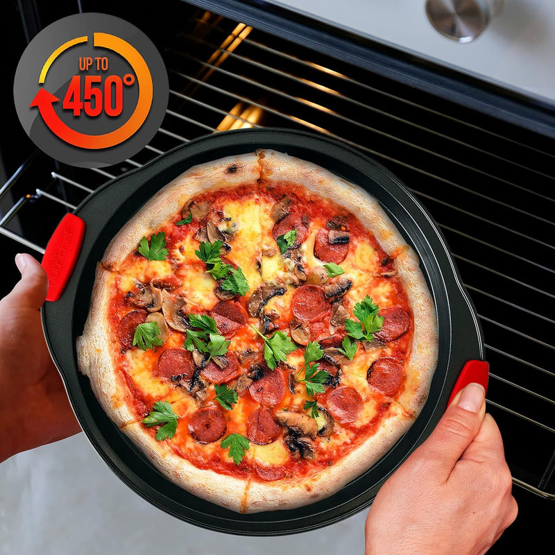 Non-Stick Pizza Tray with Silicone Handle and Perforated Holes - Premium Bakeware for Easy Cooking and Cleaning - NCBPIZ6