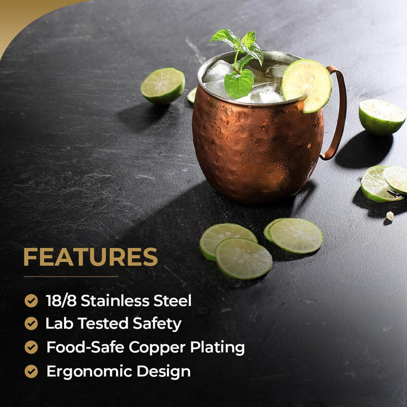 ARTISANS VILLAGE Moscow Mule Cups Set of 4-18/8 Stainless Steel with Pure Copper Plating- 16 Oz Handcrafted Food Safe Copper Cups with Shot Glass and Straws - Perfect for Cold Drinks