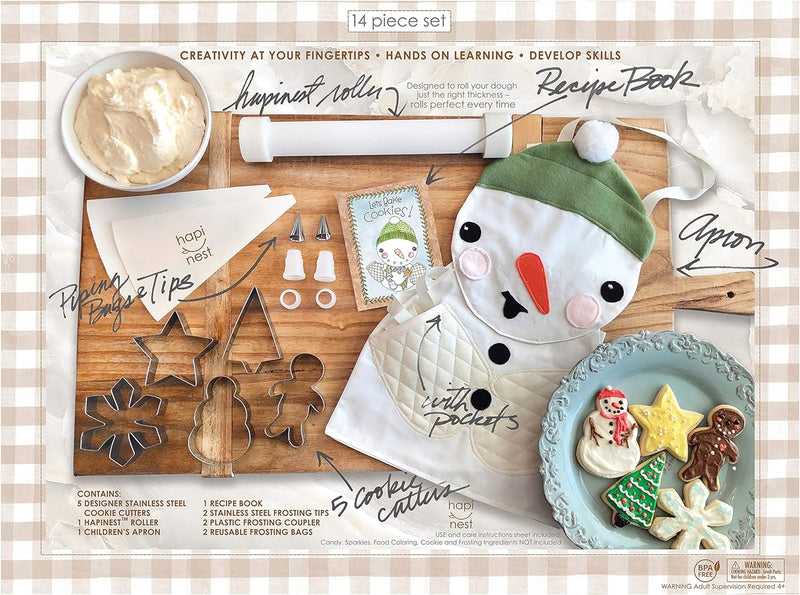 Holiday Baking and Decorating Kit for Kids - Snowman Apron Cookie Cutters Piping Bags Rolling Pin Recipes Ages 4-8