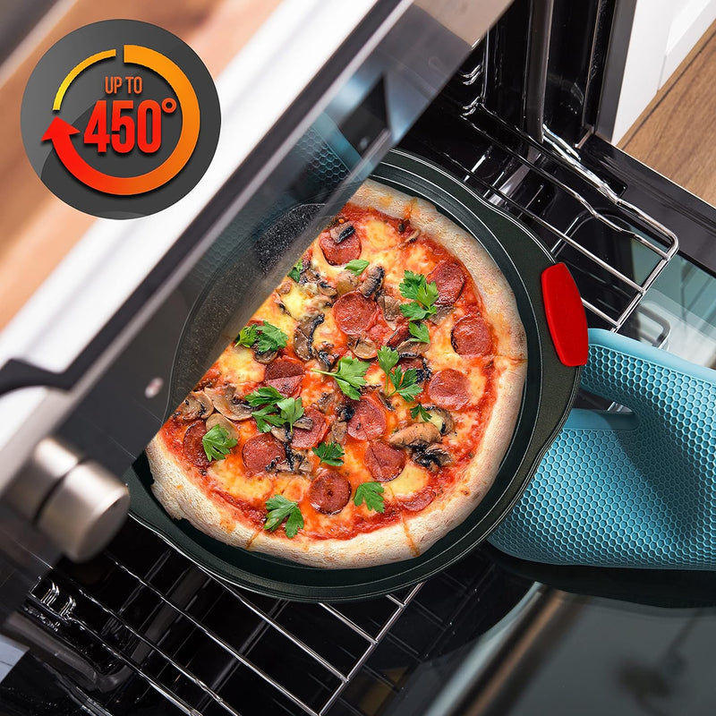 Non-Stick Pizza Tray with Silicone Handle and Perforated Holes - Premium Bakeware for Easy Cooking and Cleaning - NCBPIZ6