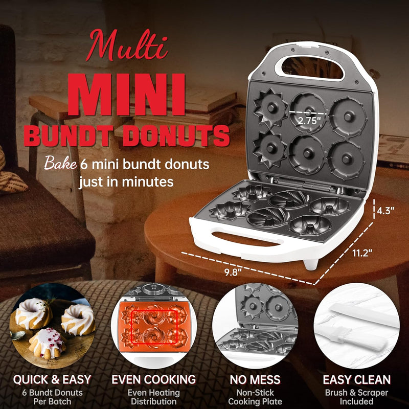 Mini Donut Maker Machine - Electric Bundt Cake Pan 6 Shapes for Breakfast  Desserts