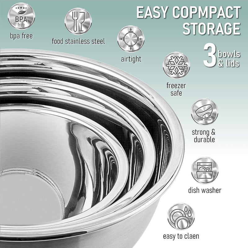 Collapsible Glass Mixing Bowls - 5 Stackable with Lids Microwave Safe Bamboo Salad  Baking Bowls