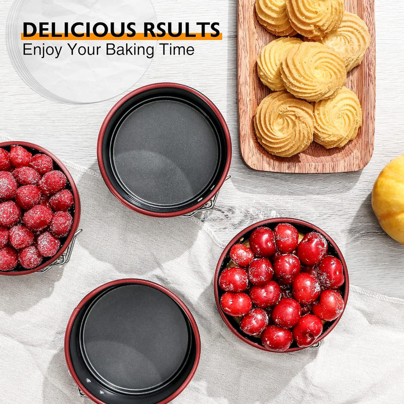 HONGBAKE 4 Mini Cheesecake Pans with 100 Pcs Parchment Paper Liners - Nonstick Round Cake Pan with Removable Bottom - 4 Pack Dark Grey