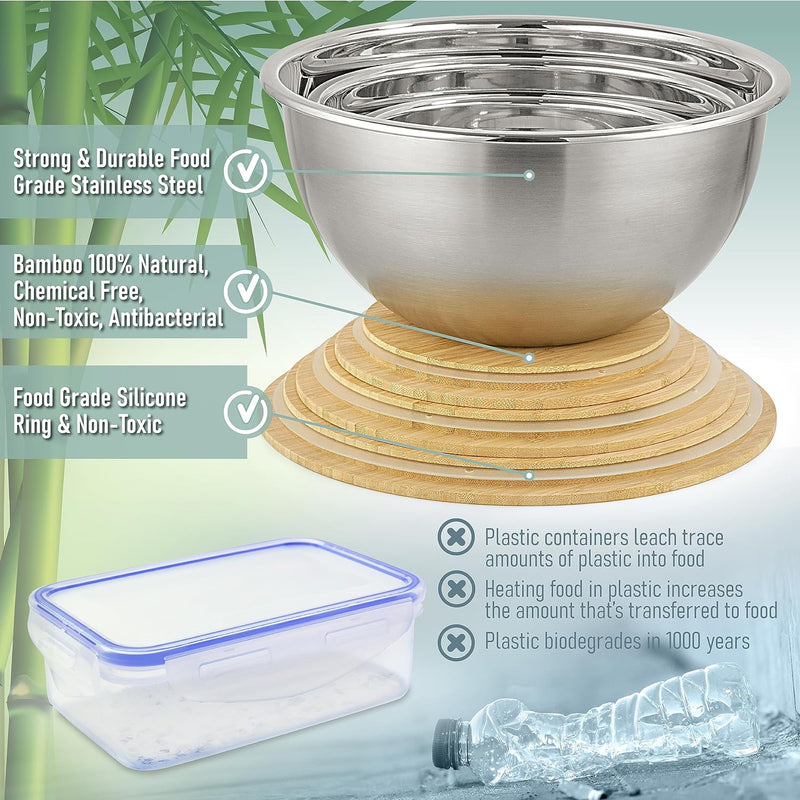 Collapsible Glass Mixing Bowls - 5 Stackable with Lids Microwave Safe Bamboo Salad  Baking Bowls