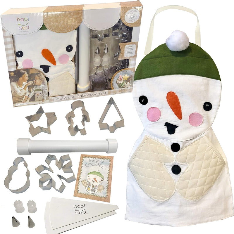 Holiday Baking and Decorating Kit for Kids - Snowman Apron Cookie Cutters Piping Bags Rolling Pin Recipes Ages 4-8