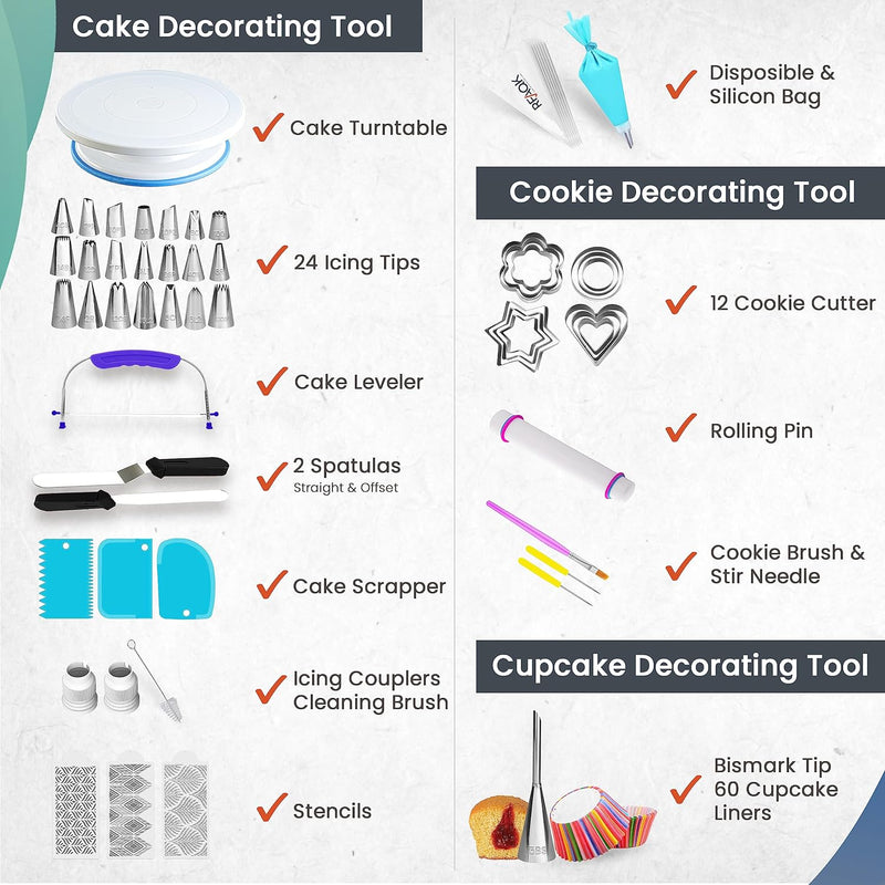 Baking Kit for Beginners - 200PCs Cake Decorating Tools with Turntable and Spatula Set