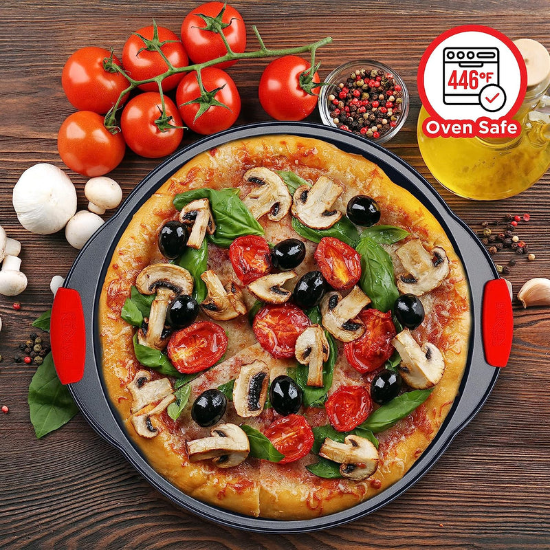 Bakken Pizza Tray - Round Carbon Steel with Non-Stick Coating and Silicone Handles