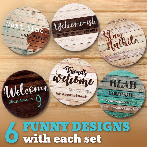 6 Sarcastic Coasters for Coffee Table with Holder - Farmhouse Bar Drink Coasters