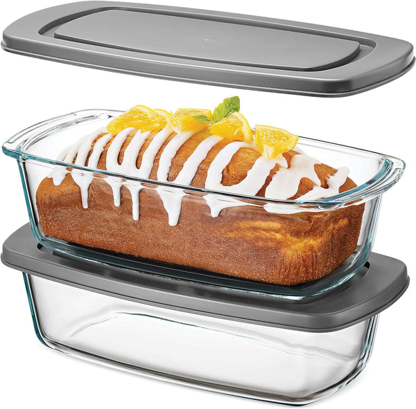 2-Pack FineDine Glass Loaf Pans with BPA-free Airtight Lids - Perfect for Baking Bread and More
