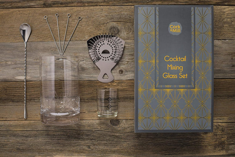 Cork & Mill Cocktail Mixing Glass Set - Old Fashioned Kit - 24 oz (700 ml) Crystal Stirring Glass for Bartending - 9-Piece Bar Accessories and Tools Set with Strainer, Spoon, Jigger, Picks (Silver)