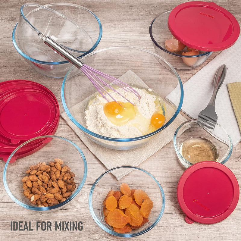 Collapsible Glass Mixing Bowls - 5 Stackable with Lids Microwave Safe Bamboo Salad  Baking Bowls