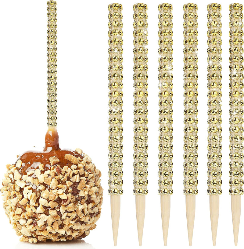 Bling Candy Apple Bamboo Sticks - 32 PCS Wooden Skewers with Rhinestone Diamond Mesh Wrap for Fruit Treats and Dessert Table Silver