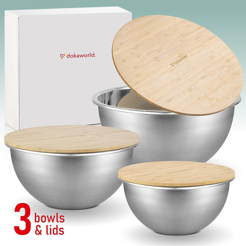 Collapsible Glass Mixing Bowls - 5 Stackable with Lids Microwave Safe Bamboo Salad  Baking Bowls