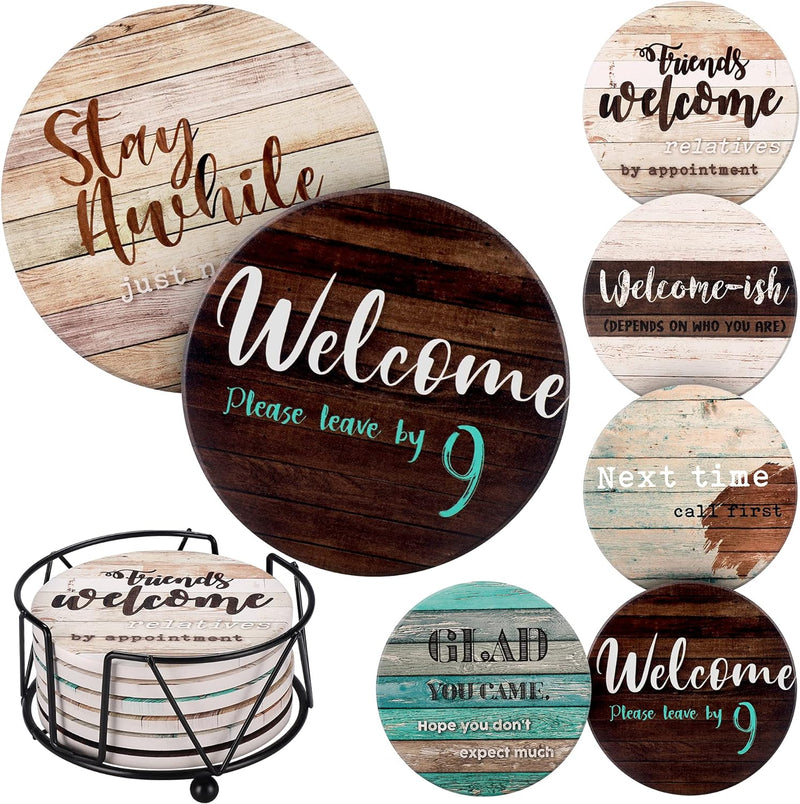 6 Sarcastic Coasters for Coffee Table with Holder - Farmhouse Bar Drink Coasters