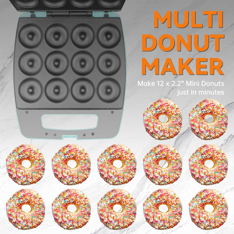 Mini Donut Maker Machine - Bake 12 Doughnuts Perfect for Breakfast Snacks Desserts