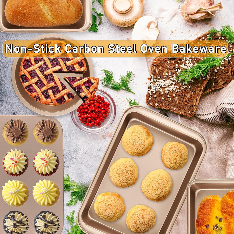 Nonstick 5-Piece Baking Pan Set - RoundSquare Cake Muffin Loaf Roast Pans Baking Sheets