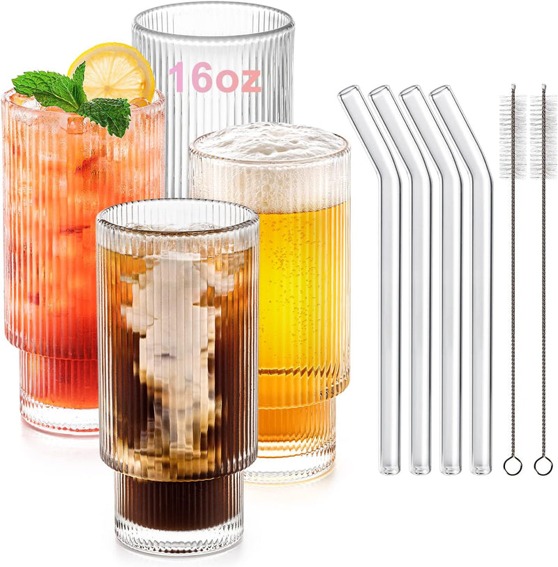 Combler Drinking Glasses, Cocktail Glasses 6 oz, Ribbed Glass Cups Set of 4, Coffee Bar Accessories, Small Cute Ribbed Glassware for Whiskey Tea Soda Iced Coffee Cup, Birthday Gifts for Women