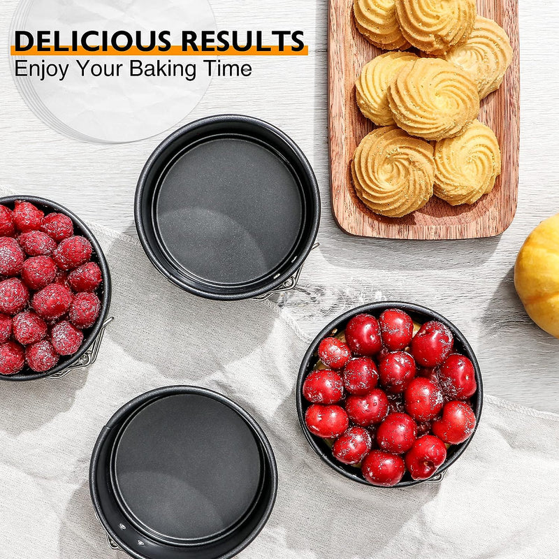 HONGBAKE 4 Mini Cheesecake Pans with 100 Pcs Parchment Paper Liners - Nonstick Round Cake Pan with Removable Bottom - 4 Pack Dark Grey