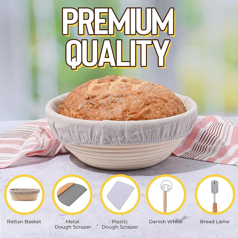 9-Piece Banneton Bread Proofing Basket Set with Accessories - Oval and Round Rattan Sourdough Baking Kit