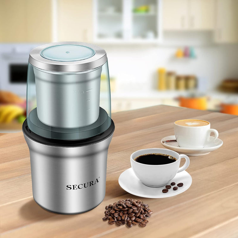 Secura Coffee Grinder Electric, 2.5oz/75g Large Capacity Spice Grinder Electric, Coffee Bean Grinder with 1 Stainless Steel Blades Removable Bowl