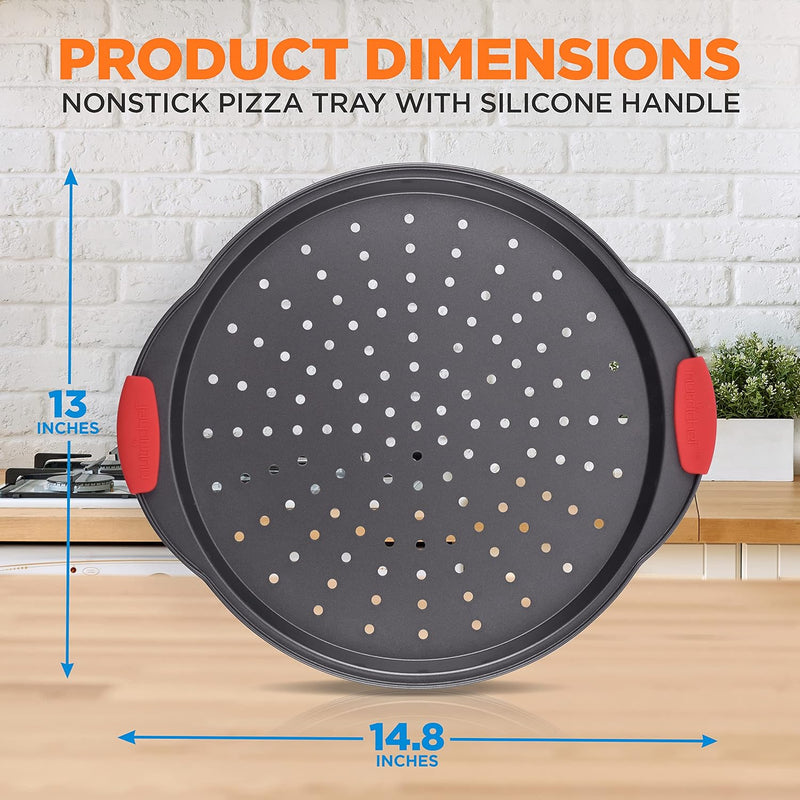 Non-Stick Pizza Tray with Silicone Handle and Perforated Holes - Premium Bakeware for Easy Cooking and Cleaning - NCBPIZ6