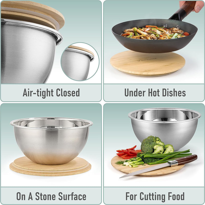 Collapsible Glass Mixing Bowls - 5 Stackable with Lids Microwave Safe Bamboo Salad  Baking Bowls